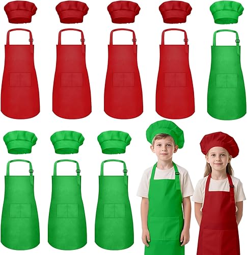 Miniatura 15 de Juego de delantal y gorro de chef para niños, 16 piezas, delantales para niños y niñas con 2 bolsillos ajustables para cocinar, aula, hornear