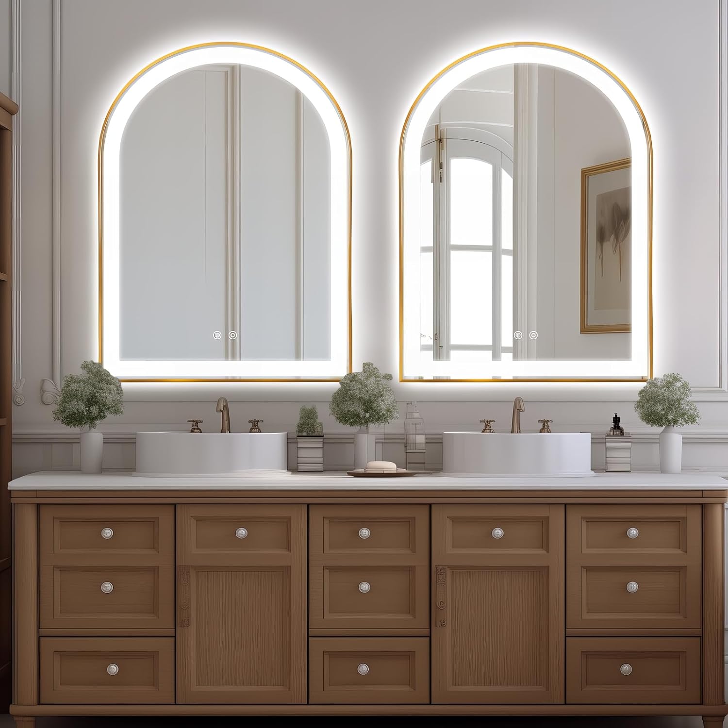 Arched LED Bathroom Mirror, 40"x30" LED Mirror with Frontlit, Arch Backlit Mirrors Gold Framed Anti-Fog, 3 Colors, Dimmable, Adjustable Brightness, Waterproof, UL Listed