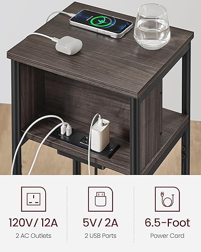 Miniatura 5 de VASAGLE Mesa auxiliar con estación de carga, mesa auxiliar de 3 niveles con puertos USB y tomas, mesita de noche para sala de estar, dormitorio,