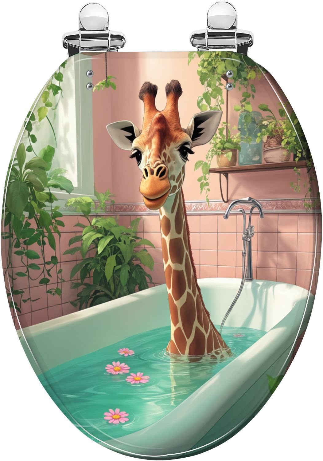 Elongated Toilet Seat Giraffe Bathtub Botanical Animal Maximalism Jungle Tropical Resin Toilet Seat with Quietly Close Quick Release Hinges Decorative Toilet Seat with Cover Easy to Clean and Install