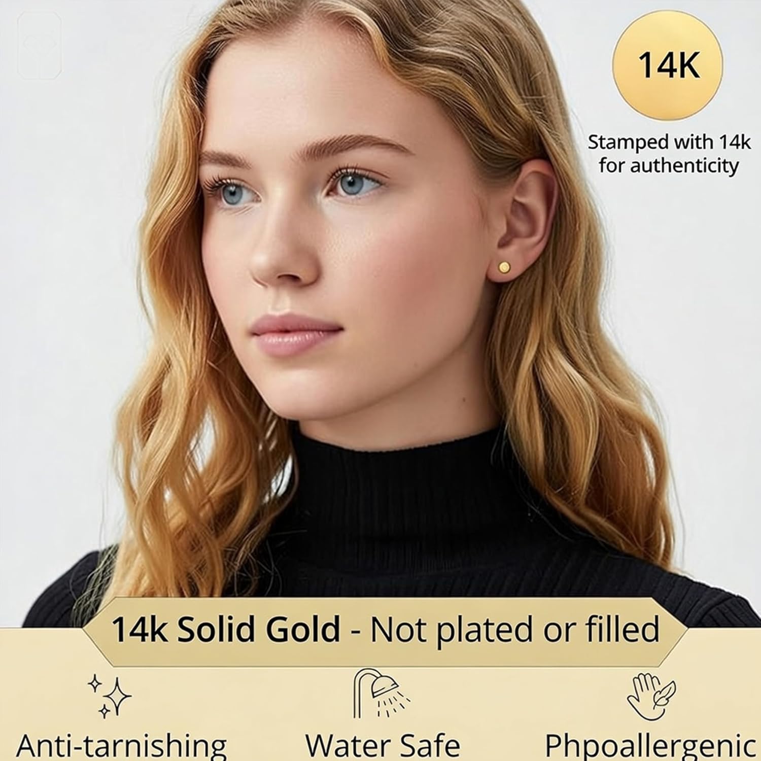 14K Real Yellow Gold Ball Stud Earrings - Image 3