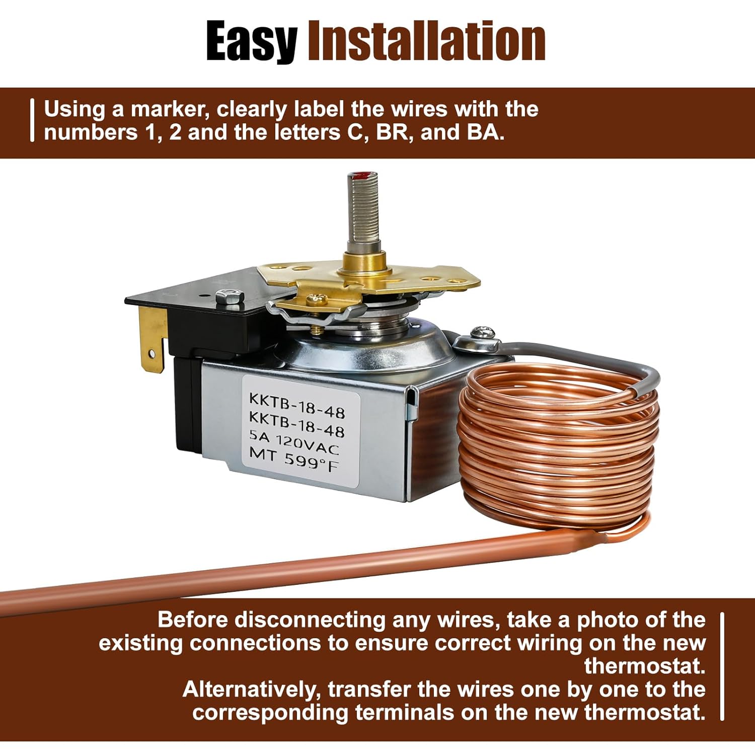 KKTB-18-48 Stove Oven Range Thermostat - 5A 120VAC, MAX Temp 599°F, Compatible with Robertshaw and Awoco 30” and 36” Gas Ranges, 48" Capillary Length, 3/16" x 11" Copper Bulb with Nickel Plated