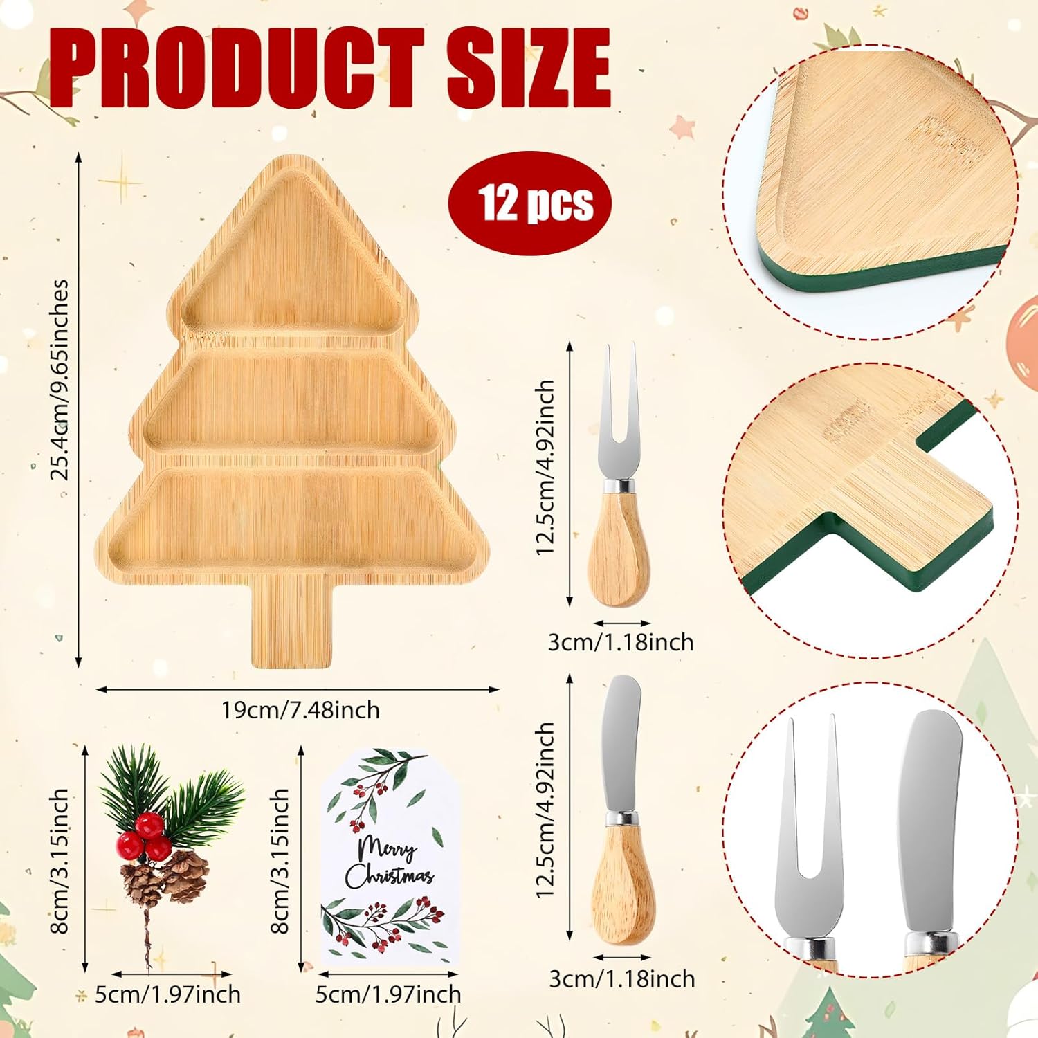 12 Set Christmas Charcuterie Board Gifts Bulk, Kitchen Gifts Christmas Tree Shaped Wooden Serving Tray Board with Knives Fork Red Berry Decorative for Snacks Cheese Desserts Holiday Xmas Party Gift
