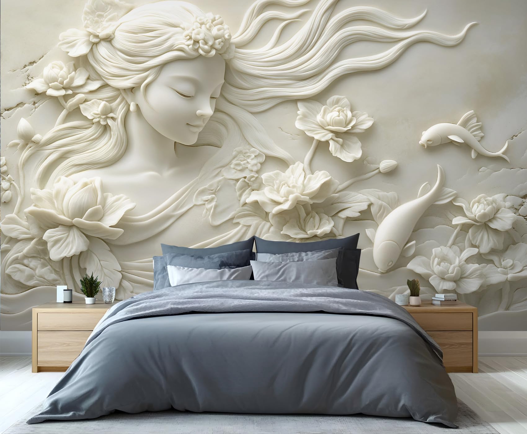 GIVLWF Floral Girl Wallpaper, 3D Relief Flowers Self Adhesive Wallpaper for Living Room, Abstract Beige Wall Paper for Bedroom, Light Luxury Wall Mural, Beauty Large Mural & Room Decor