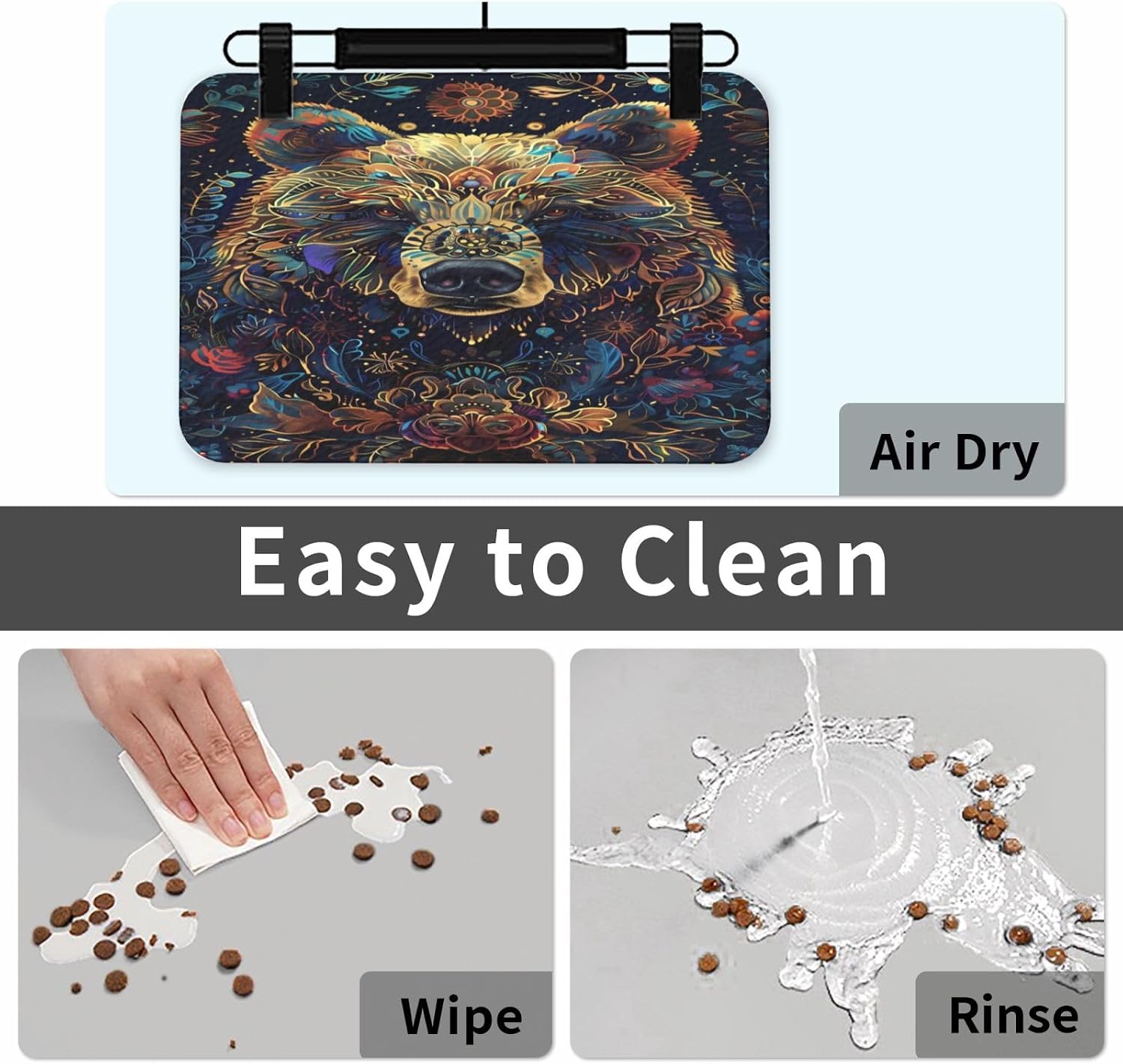 Floral Bear Art (1) Pet Food Mat Dog Non-Slip Feeding Mat Cat Bowl Mats Pets Placemat for Food and Water 40x60cm