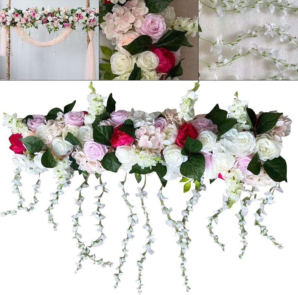 100cm Artificial Rose Flower Backdrop Wedding Row Decor Centerpiece Table Decorations Silk Decorative Faked Flower Wedding Flower Garland Floral Wall for Wedding Party Table Decoration (Pink Whiter)