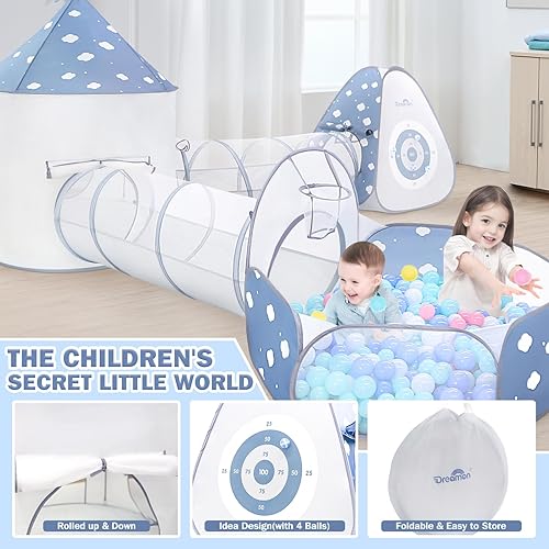 Miniatura 4 de Dreamon Tienda de campaña 5 en 1 para niños con túnel, tienda de campaña desplegable con hoyos de bolas para niños pequeños, túnel plegable para