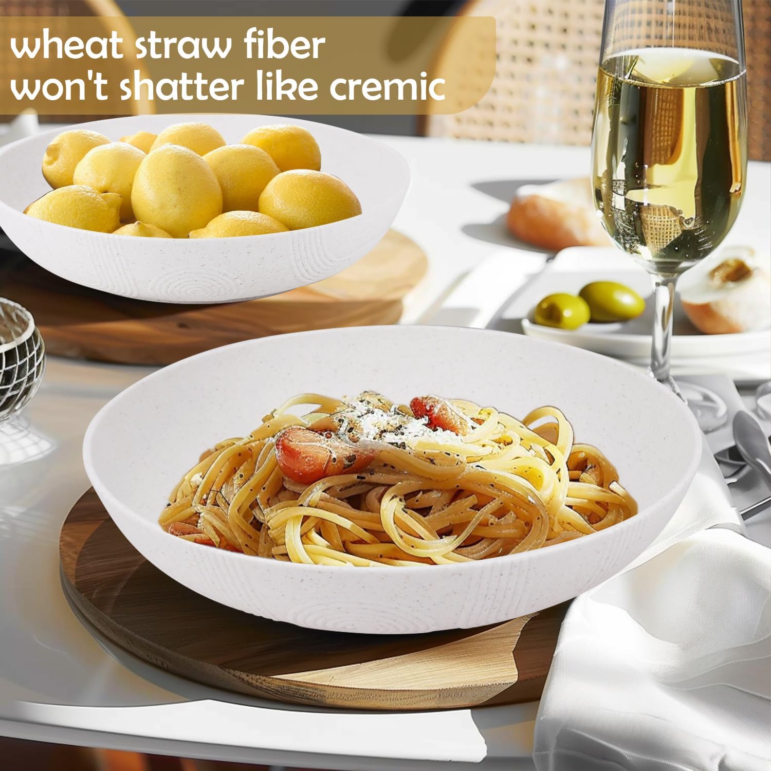 Wrova Salad Bowls 10inch Serving Bowls 65oz Large Salad Bowls Wheat Straw Bowls Set of 2 Wide and Shallow Plastic Salad Bowl for Kitchen Microwave & Dishwasher Safe.White - Image 4