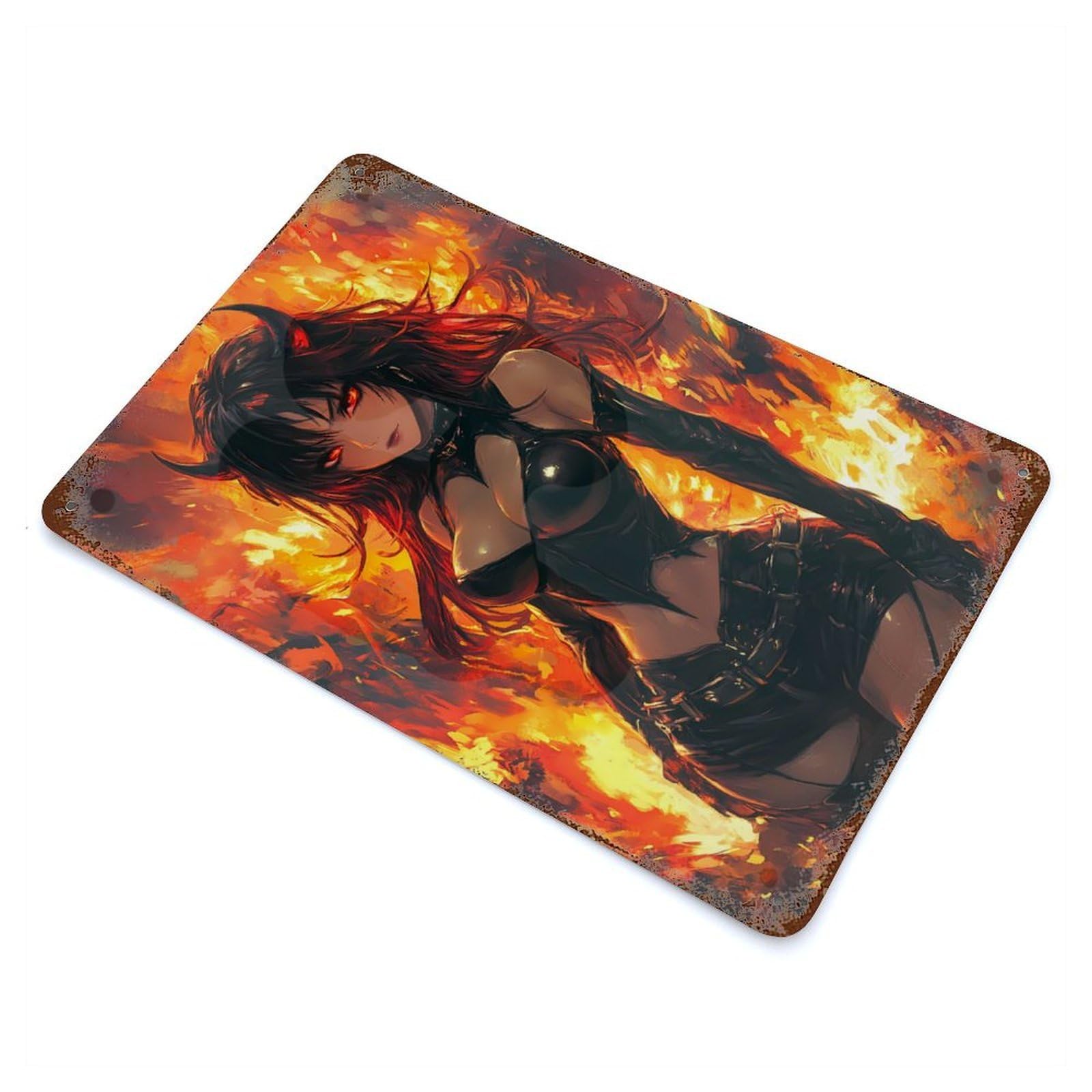 Rust Effect Fiery Anime Demon Girl Rusty Metal Tin Sign 11.8"x7.9", Old School Wall Decor for Pub, Kitchen And Man Cave Decor