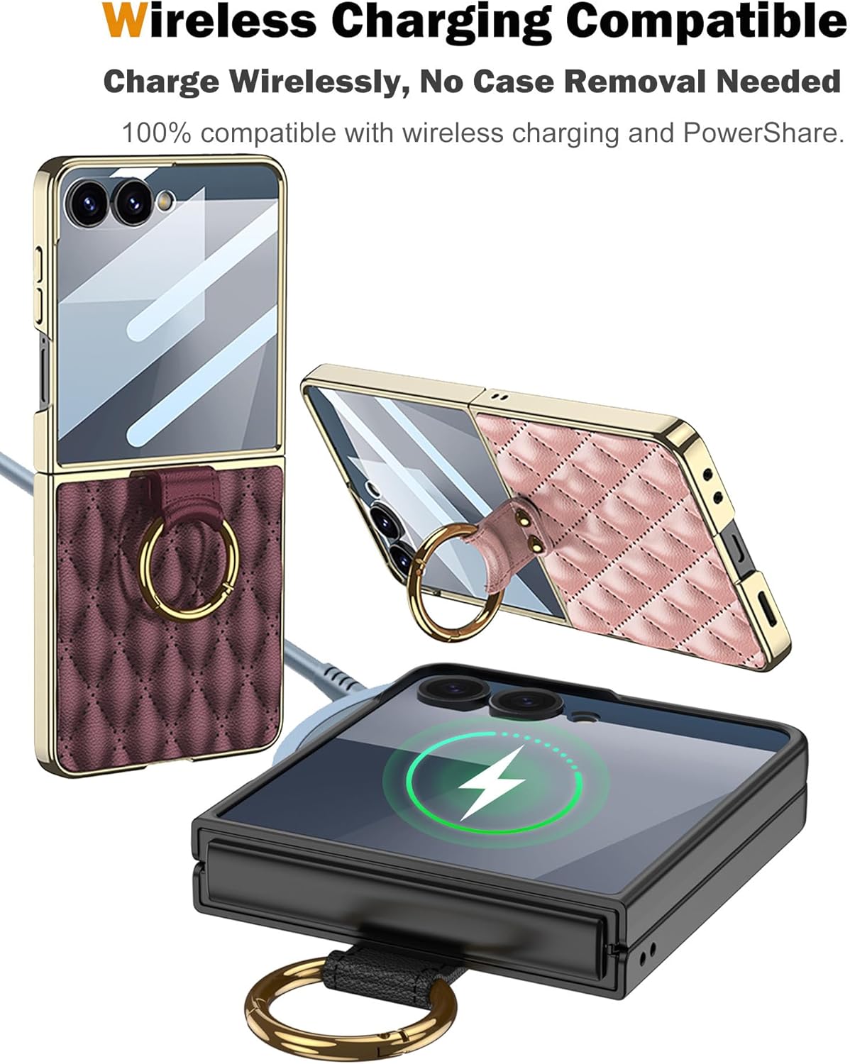 SHIEID Galaxy Z Flip 7 Case with Ring Stand – Luxury Diamond Quilted Leather Cover with Gold Electroplated Frame, Soft Touch Protective Case for Samsung Galaxy Z Flip 7, Rose Pink