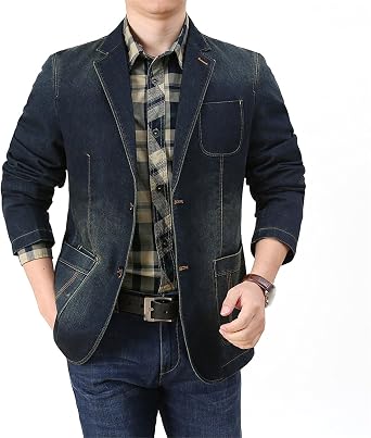 DGKaxiyaHM Men's Vintage Suit Blazer Jean Jacket Notch Lapel Work Denim Jacket Business Casual Blazer Jacket Coat