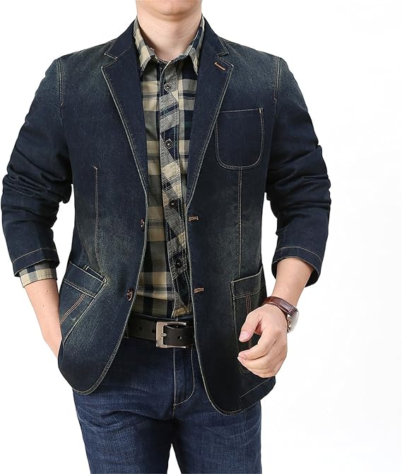 DGKaxiyaHM Men's Vintage Suit Blazer Jean Jacket Notch Lapel Work Denim Jacket Business Casual Blazer Jacket Coat