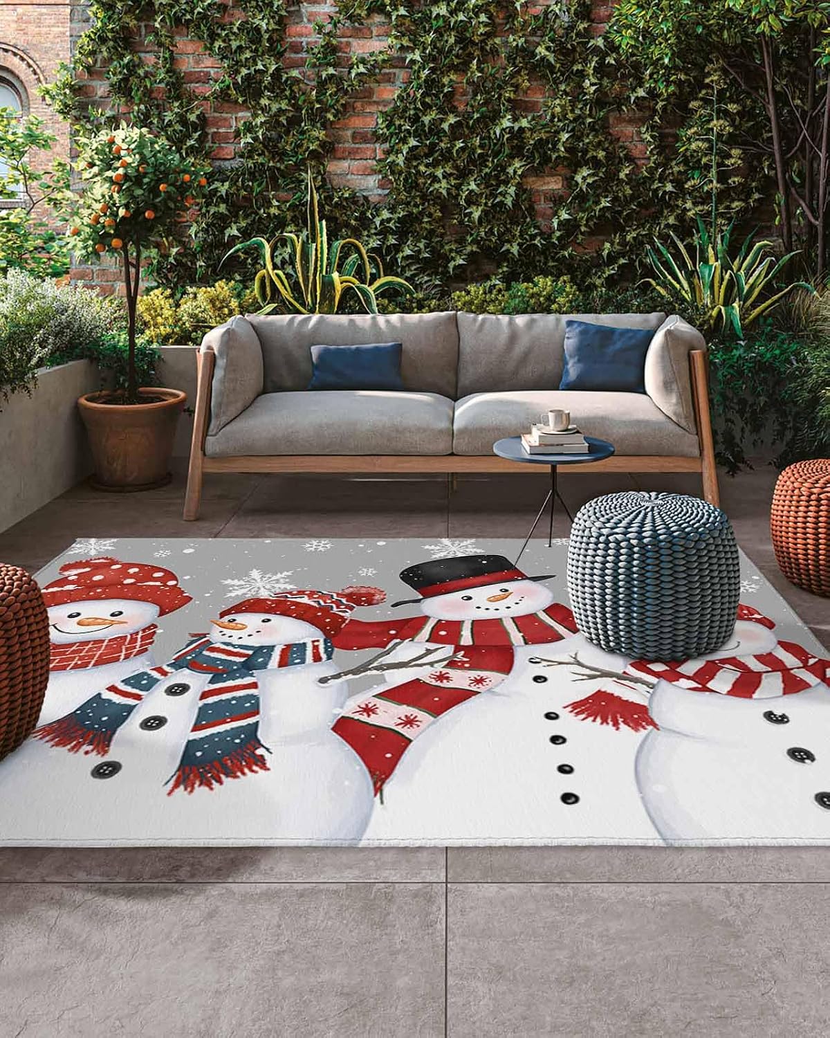 Outdoor Rug, Christmas Snowman Snowflake Xmas Snow Winter Festival Santa Hat Scarf Gray Absorbant Non-Slip Area Rugs Mat Carpet for Patio Balcony Porch Backyard Deck Rv Camping 6x9 ft