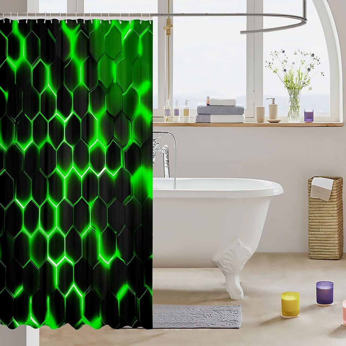 Erosebridal Geometric Shower Curtain 72" Wx72 L,Teen Boys Green Black Neon Light Honeycomb Bathroom Curtains,Hexagon Bath Curtain Modern Fashion Bathroom Accessories Home Room Decor image 3