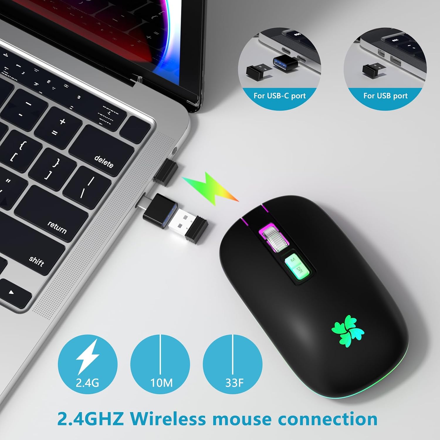 besky Wireless Rechargeable, Backlit LED Portable Silent Computer Mouse for Laptop, PC, MacBook, Chromebook, Notebook, 2.4G USB Cordless Mouse with USB-C Conversion Interface for iPad, Tablet