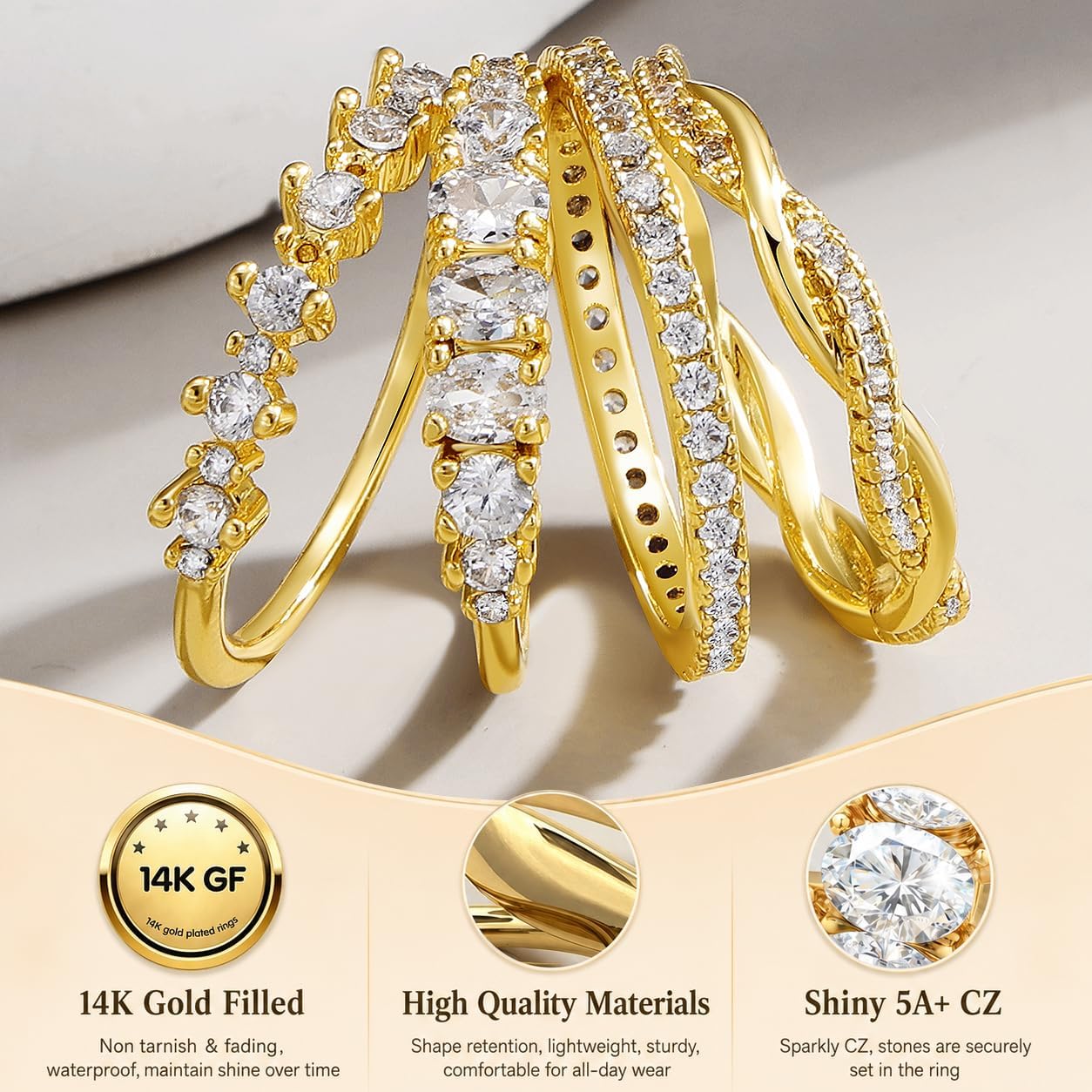 KISS WIFE 8 Pcs 14K Gold Plated Stackable Rings Set for Women, Dainty Sparkling Cubic Zirconia Statement Rings, Non Tarnish Engagement Wedding Bands, Minimalist Daily Wear Finger Jewelry, Ideal Gift