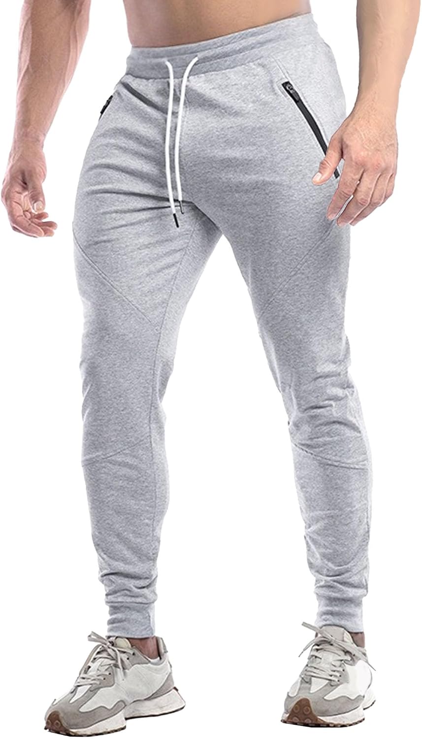 Men's Slim Fit Stretch Solid Hiking Pants Cotton Casual Running Athletic Pants Elastic Waist Zipper Trousers