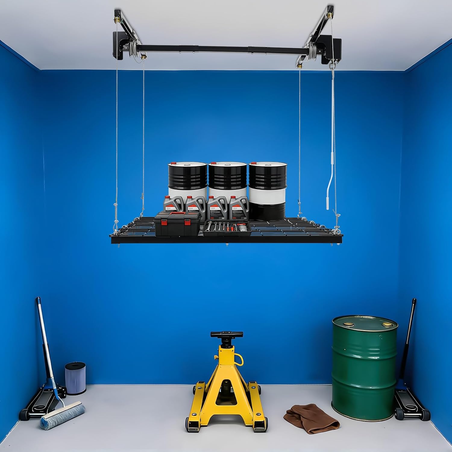4x4FT Overhead Garage Lifting Storage Rack, 79" Max Height Adjustable Garage Storage Rack Adjustable Organization System Ceiling Mounted Lift System and Storage Organizer 300lbs Capacity
