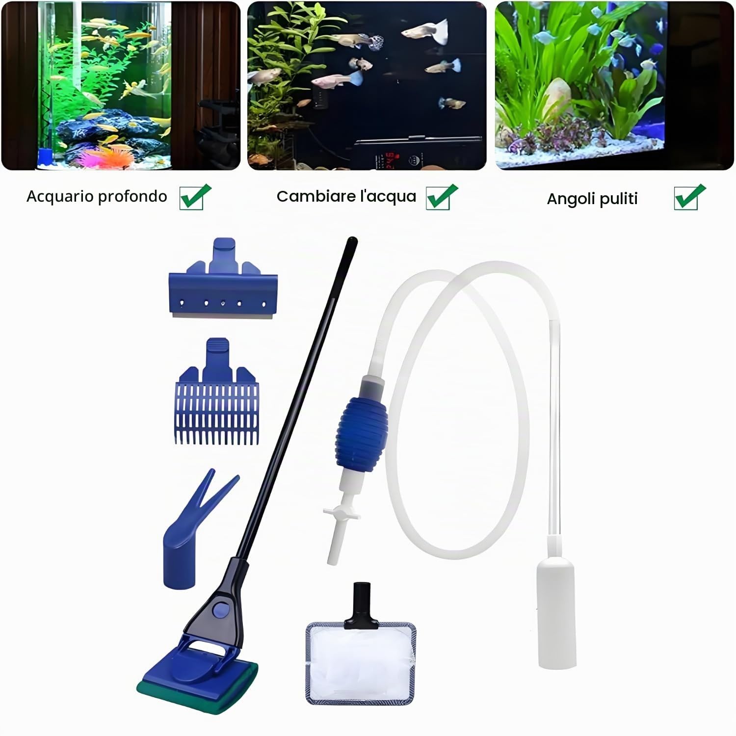 Set Di Pulizia Per Acquario, Pulitore Di Ghiaia Per Acquari, Detergente Per Acquario Accessori, Cambio d'Acqua Per Acquario Detergente, Con 5 Accessori Rimovibili, Per Manutenzione Ordinaria