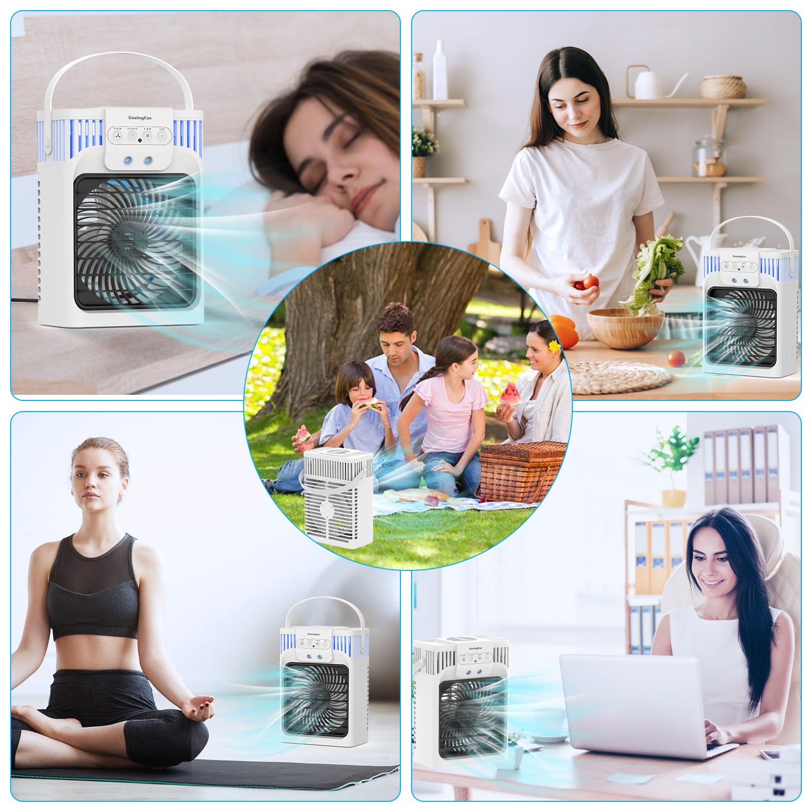 Przenośny klimatyzer 4 w 1, mini klimator, osobisty, mobilny, kompaktowy, ewaporacyjny, nawilżacz powietrza, 3 prędkości nawiewu, wentylator biurkowy, do akademika, biura, na zewnątrz