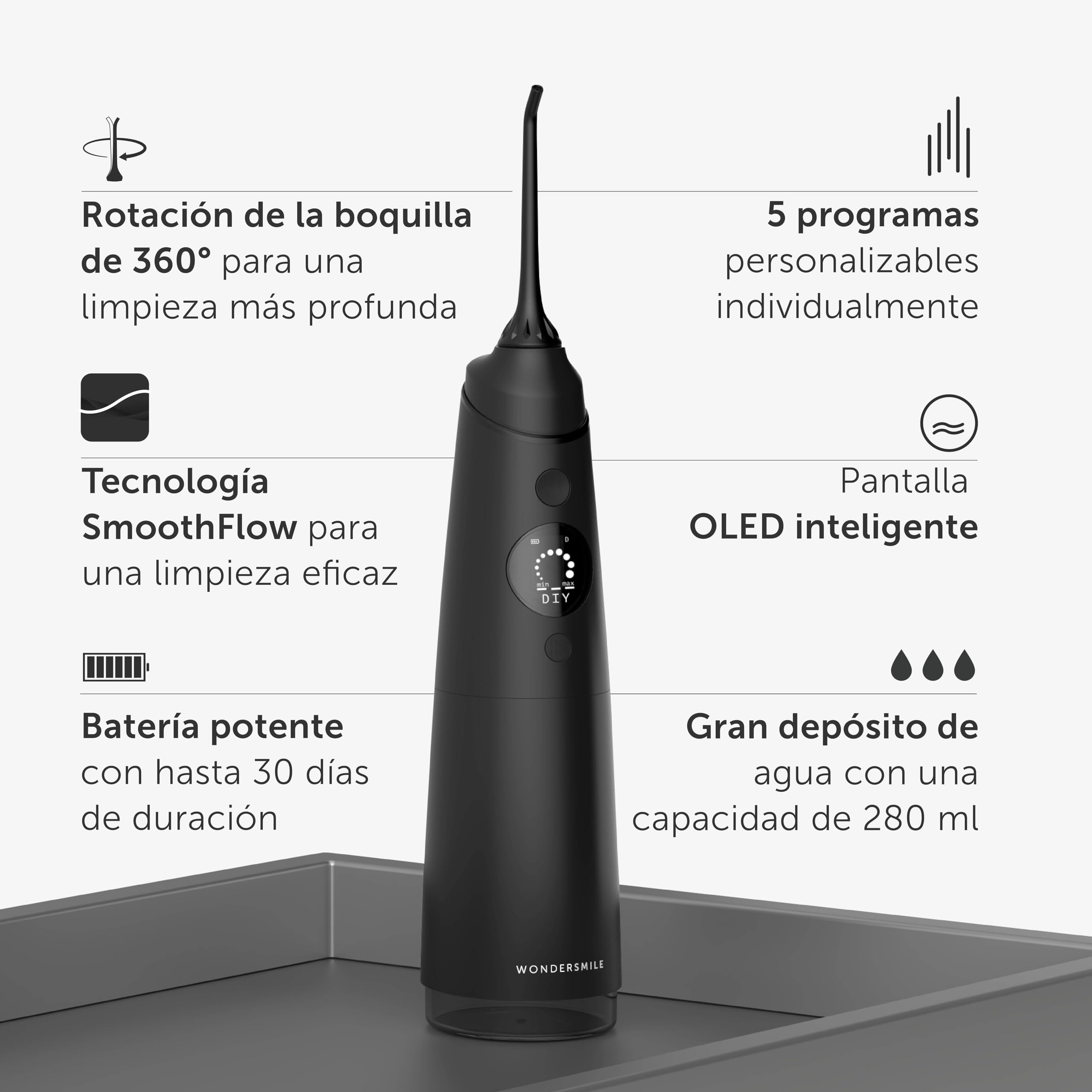 Wondersmile Irrigador bucal PRO - Ganador de la prueba 2024-100 días de prueba sin riesgo - Tecnología SmoothFlow para un cuidado óptimo de dientes y encías - con 4 modos (Ultimate Black)