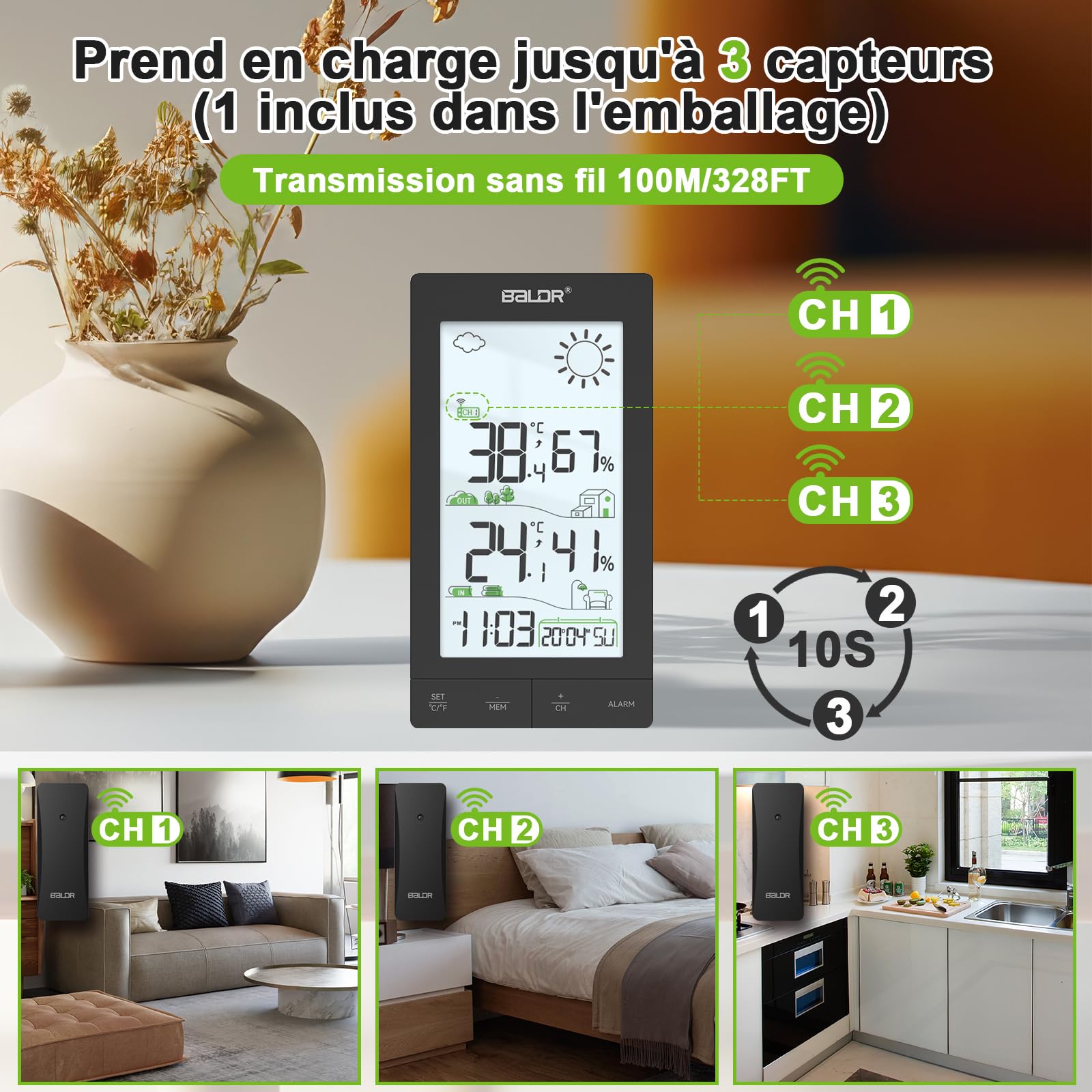 Station Météo Sans Fil Écran LCD 6,0' Capteur Extérieur Thermomètre Hygromètre Prévisions Réveil Noir
