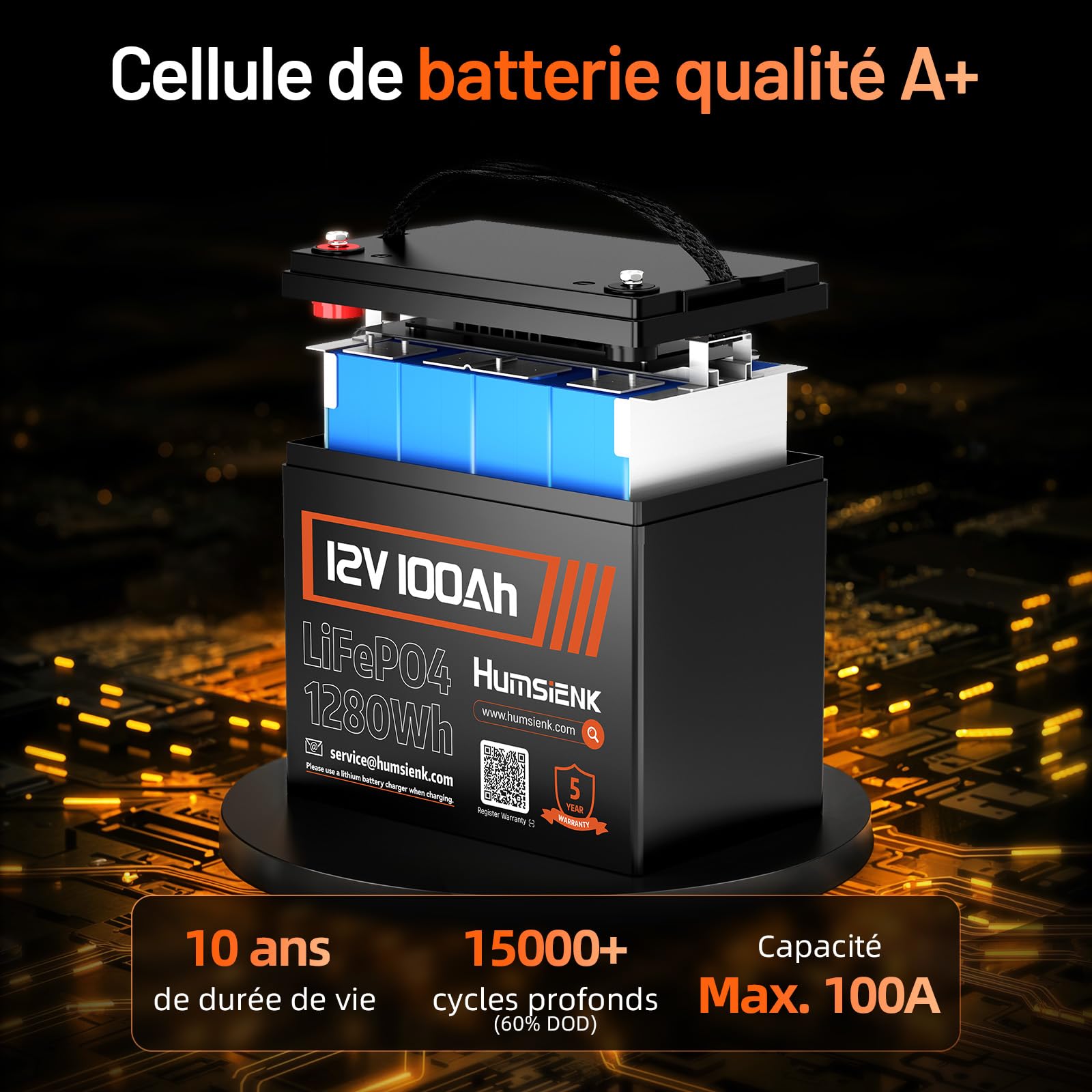 HumsiENK Lot de 2 Batteries Lithium 12V 100Ah LiFePO4, 1280Wh, BMS 100A Intégré, Groupe 24 Compactes et Légères, Remplace AGM, 15000 Cycles, pour Camping-Car, Solaire, Bateau