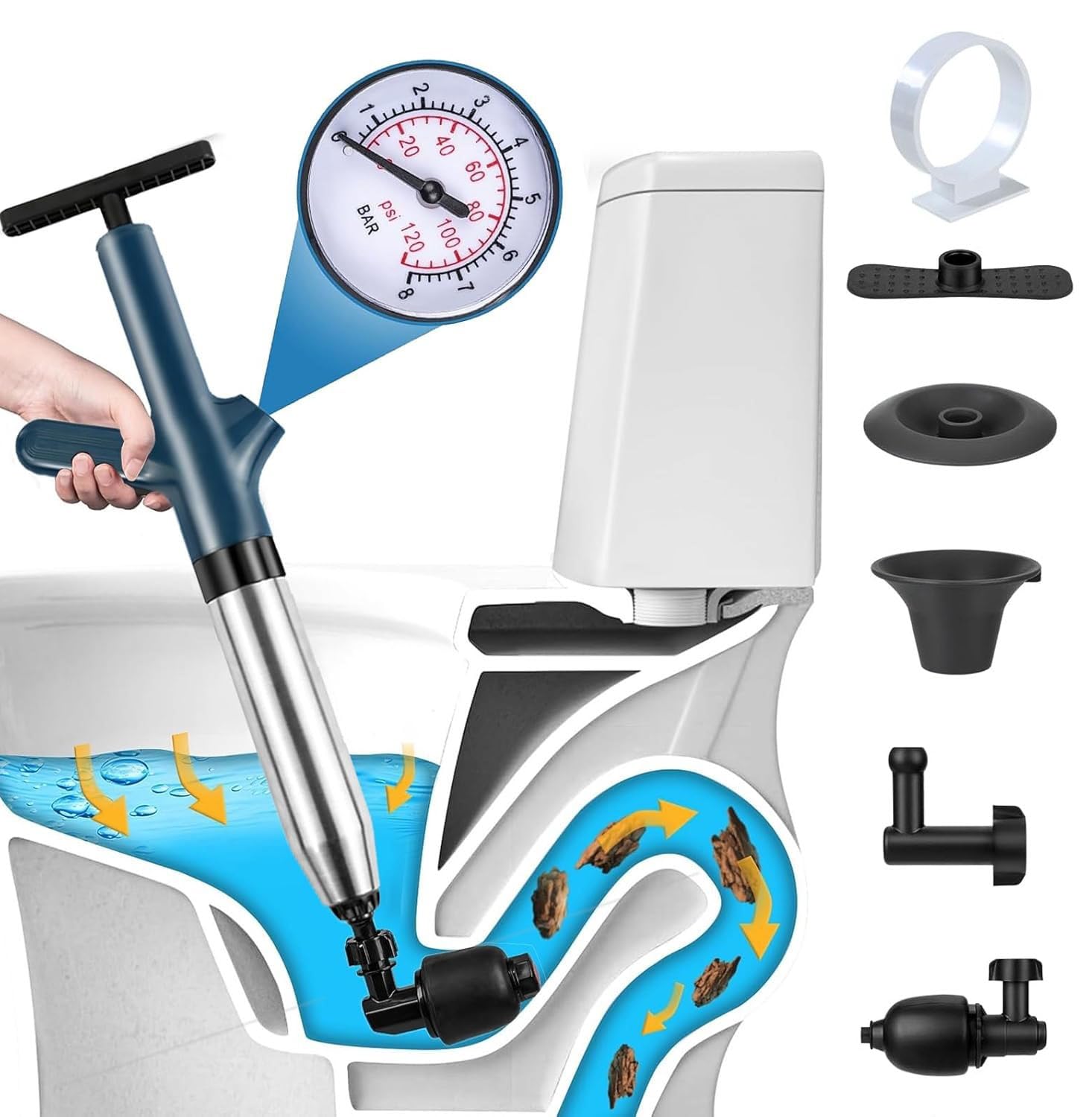 Déboucheur de canalisations à air comprimé – Déboucheur haute pression avec 4 ventouses et indicateur de pression atmosphérique, pompe à air comprimé en acier inoxydable 304 pour lavabo