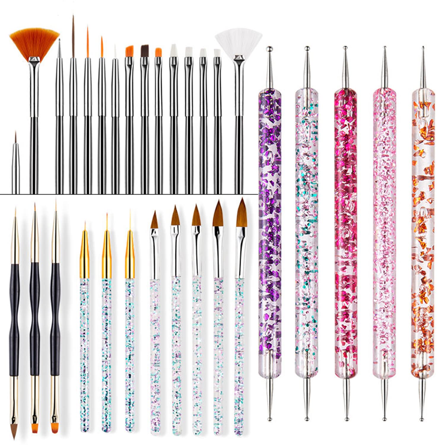 AOXIANG 31pcs Acrylic Nail Art Brush Set, 15pcs Painting Brushes Set and 5pcs Dotting Pens and 3pcs Nail Art Liner Brush and 3Pcs Nail Drawing Pen and 5pcs Nail Art UV Gel Brush Pen