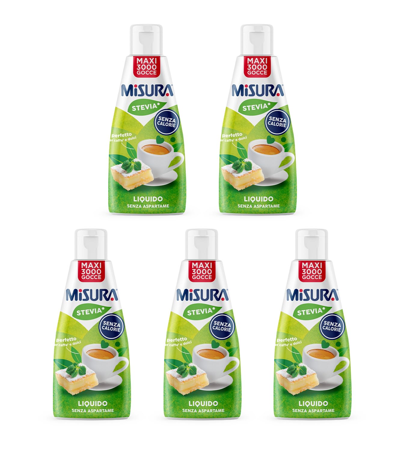 Misura® Stevia Dolcificante Liquido Zero Calorie, Perfetto per Caffè e Dolci, Senza Glutine, Senza Aspartame, Vegano, Confezione Apri e Chiudi, Multipack 5x205ml