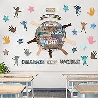 Vista 4 de 88 piezas de decoración de pared para el aula de One World Together, We Can Change The World, recortes de manos con recortes de estrellas