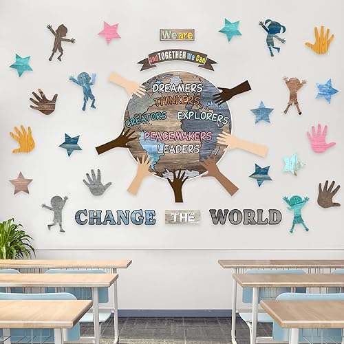 Miniatura 4 de 88 piezas de decoración de pared para el aula de One World Together, We Can Change The World, recortes de manos con recortes de estrellas para