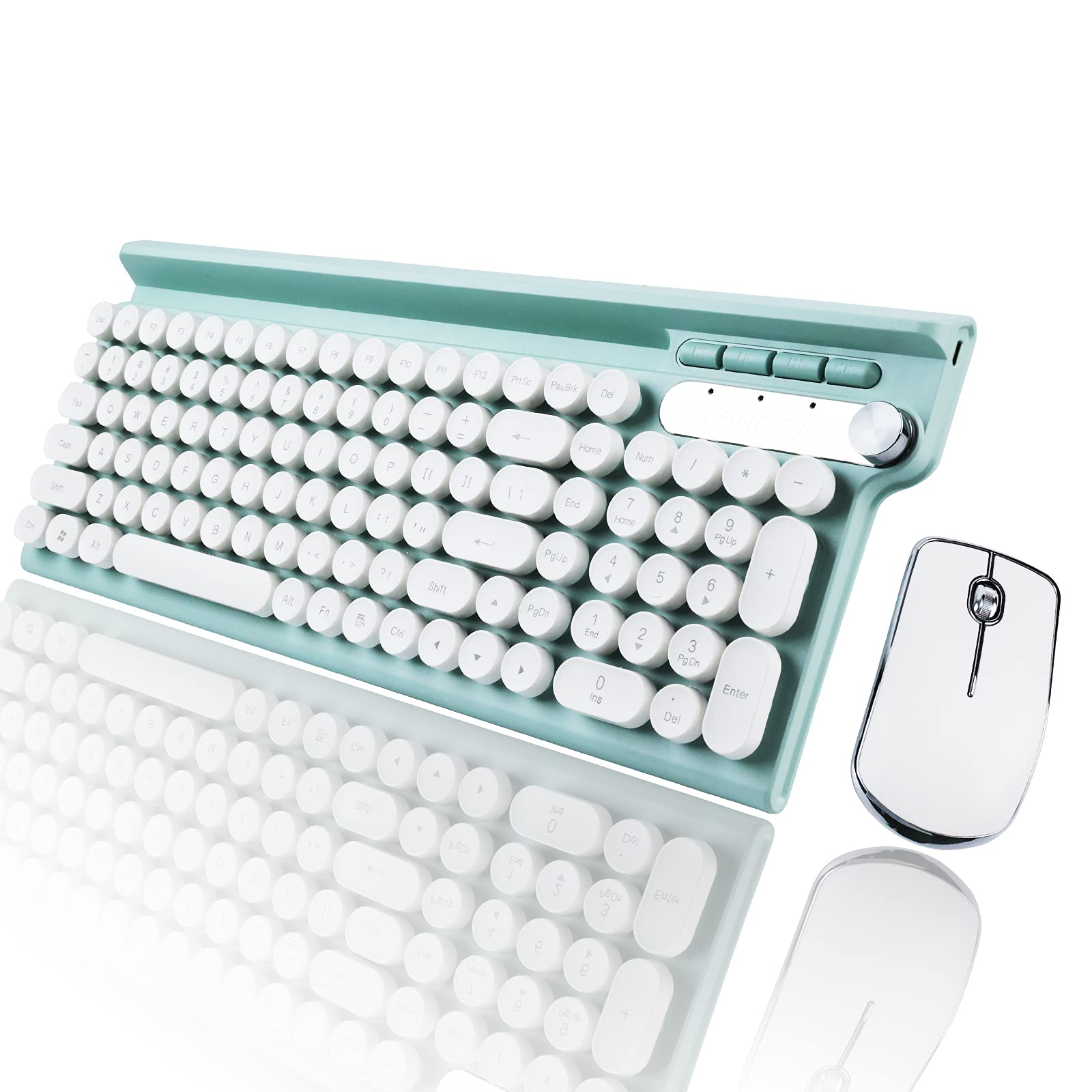 Qudodo Wireless Keyboard and Mouse Combo, 2.4G USB Full Size Wireless Typewriter Keyboard, WaterproofCute Round Retro Aesthetic Keyboard for Computer,PC,Desktops,Laptop, Mac(Blue+Mouse)