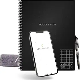 Rocketbook Caderno Matrix Graph – Caderno ecológico reutilizável com 1 caneta Pilot Frixion e 1 pano de microfibra incluído – Preto, tamanho carta (21,5 x 28 cm) (MTX-L-K-A)