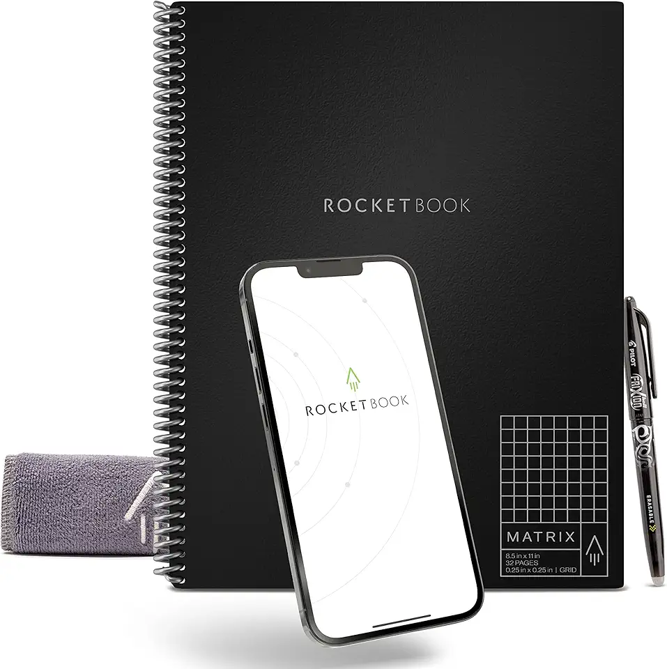 Rocketbook Caderno Matrix Graph – Caderno ecológico reutilizável com 1 caneta Pilot Frixion e 1 pano de microfibra incluído – Preto, tamanho carta (21,5 x 28 cm) (MTX-L-K-A)