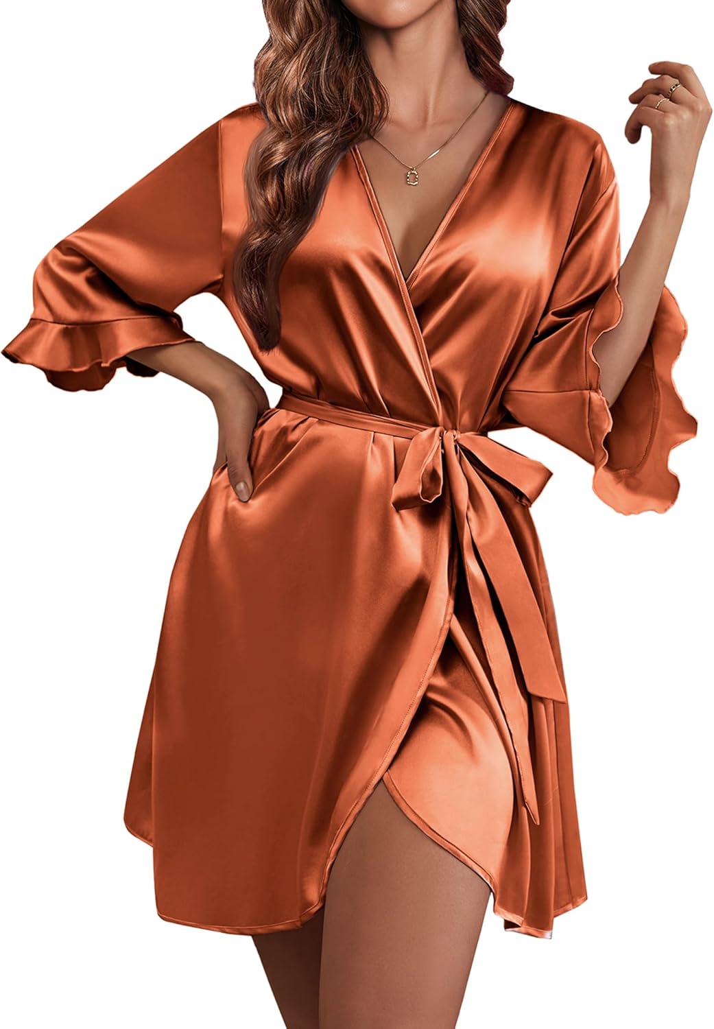 Ekouaer Women's Satin Robe Valentines Lingerie for Women Kimono Bathrobe Short Ruffle Belted Robes Bridesmaids Sleepwear