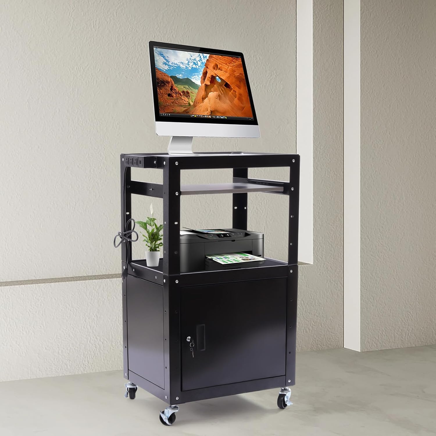 Media AV Cart, Adjustable Height Cart with Extra Storage Locking Cabinet, Pullout Tray, Power Strip TV Display Stand for Video Projectors