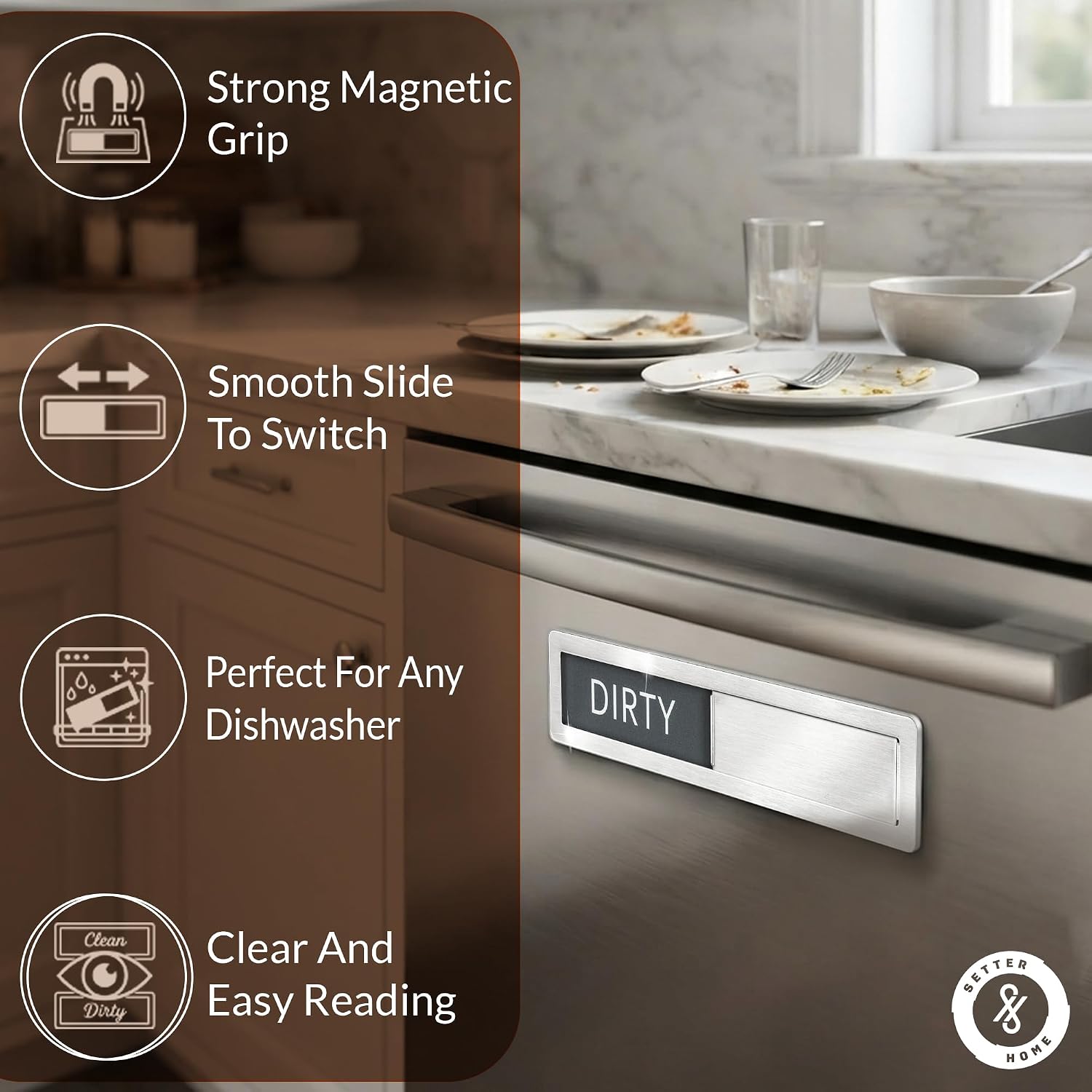 Stainless Steel Clean dirty magnet for dishwasher, Premium Clean Dirty Sign Indicator - Grade 304 Clean Dirty Magnet for Dishwasher, Easy to Read with Extra Adhesive Tape (Silver/White)