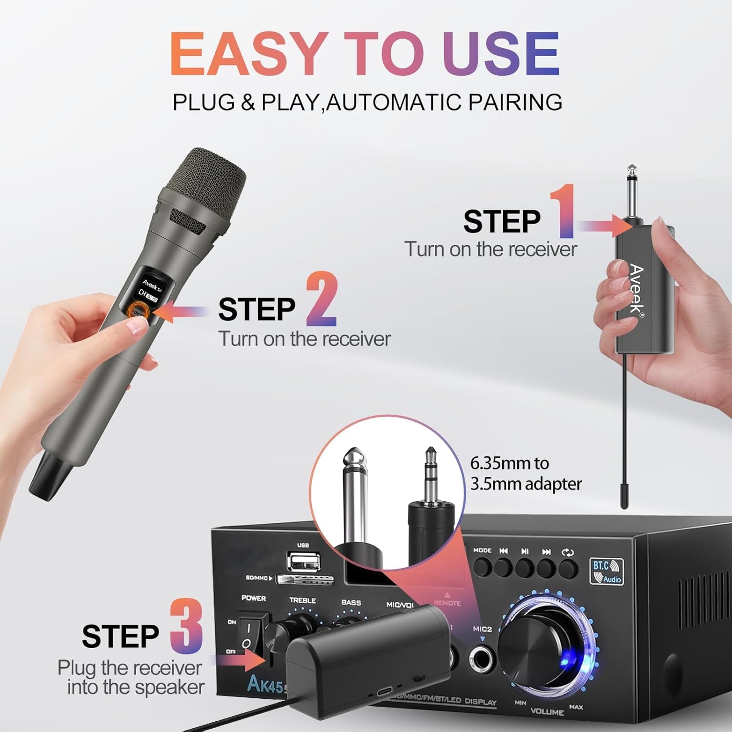 Aveek Micro sans Fil 4 micros Professionnels 2,4 GHz Rechargeable avec récepteur Portée 30m Karaoké Chant Fêtes