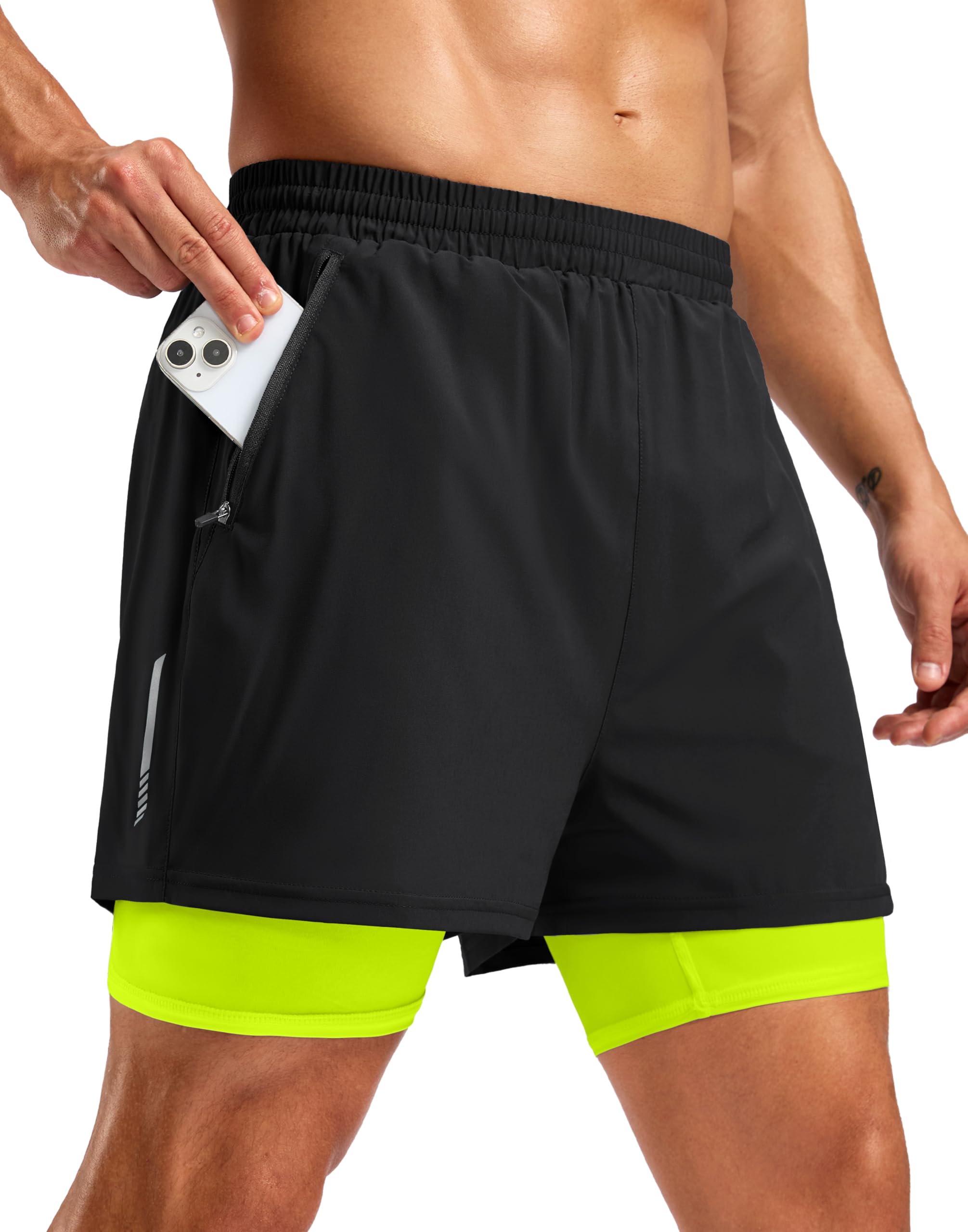 Pudolla Men's 7" Running Shorts with Zipper Pockets Quick Dry 2 in 1 Workout Gym Shorts with Liner for Tennis Yoga Training