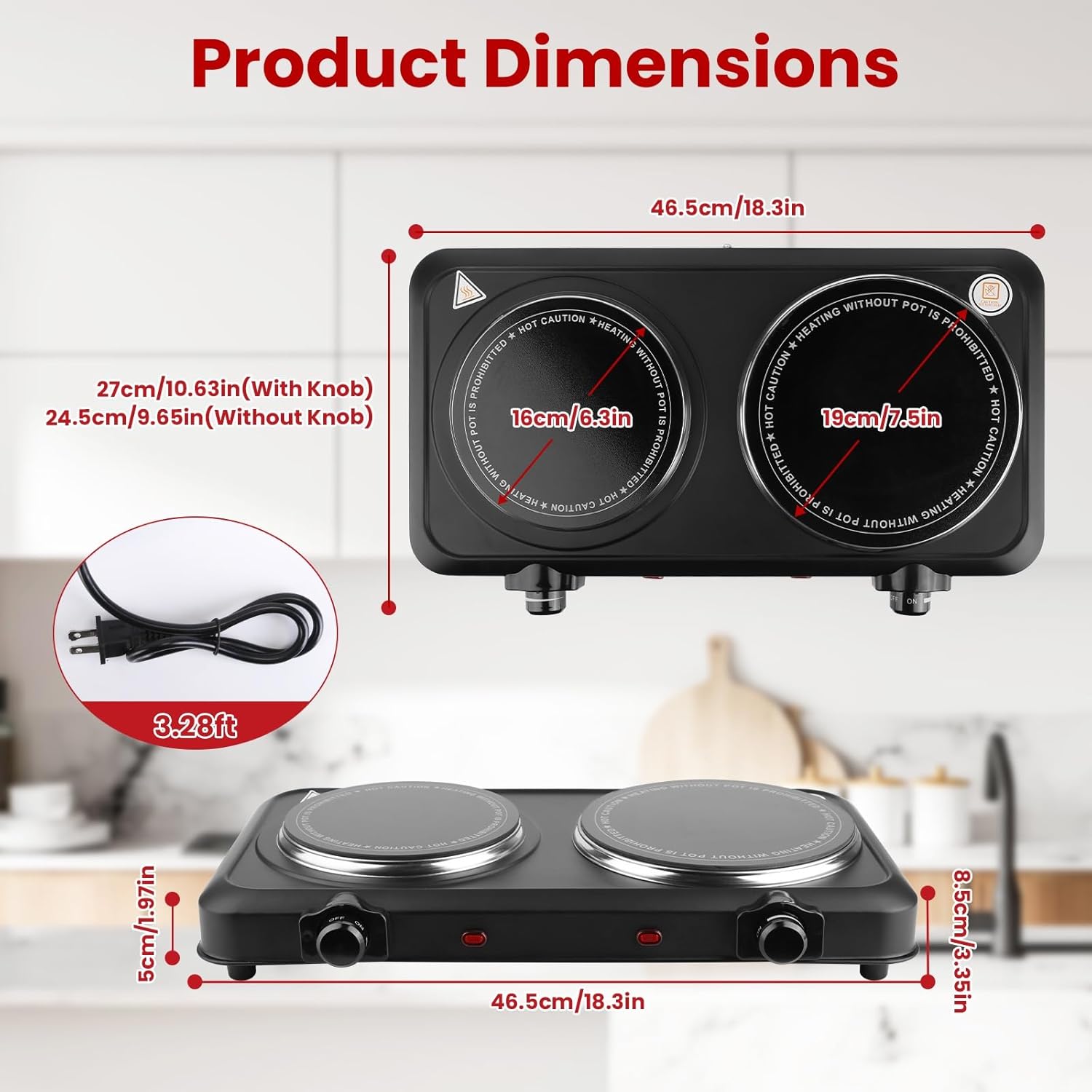 Infrared Double Burner, 2000W Electric Hot Plate, Portable Heating Cooking Stove, Countertop Burner with 7.5” & 6.3” Glass Plate Electric Cooktop with Stepless Temperature Adjustments