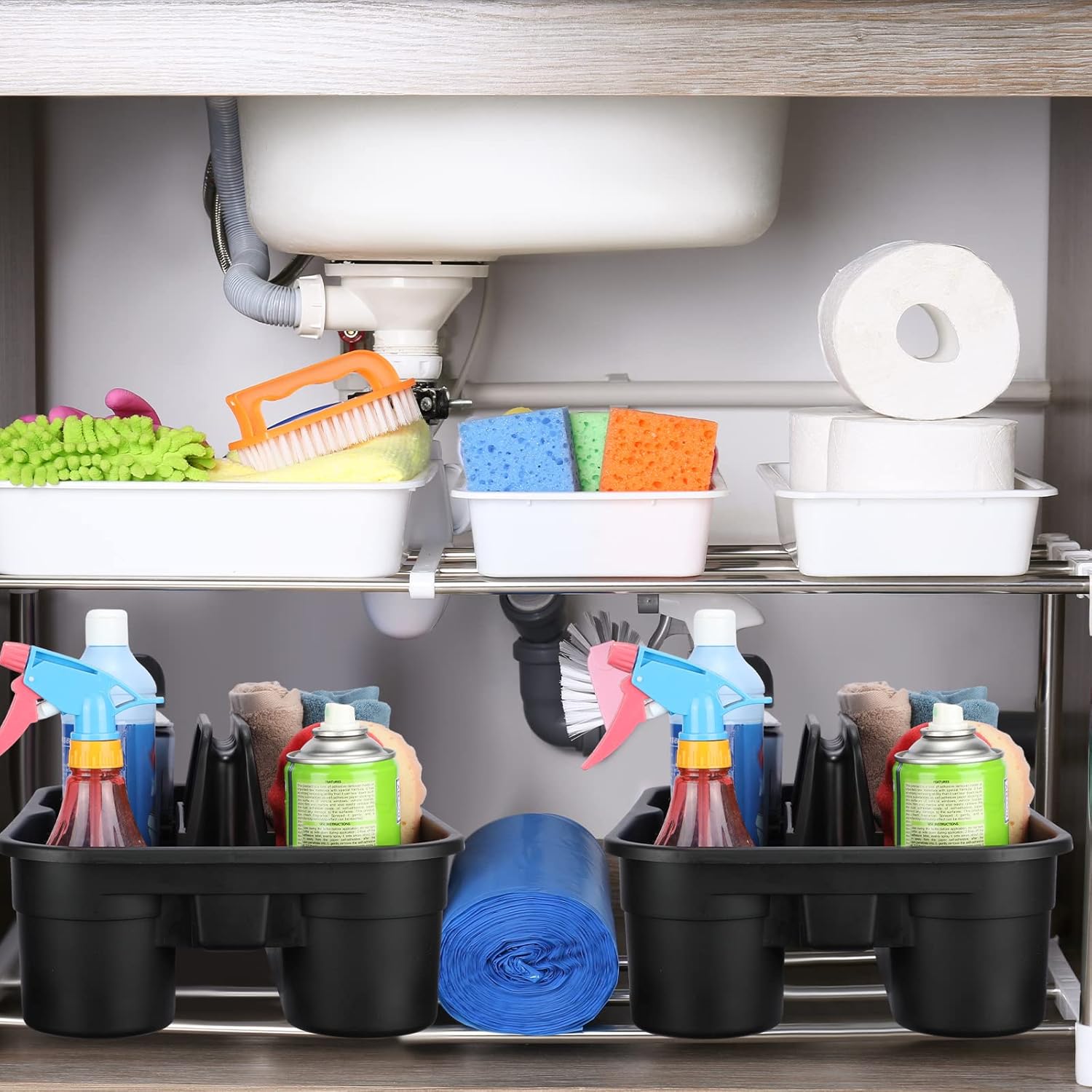 Wesiti 6 Pcs Cleaning Caddy with Handle Large Plastic Housekeeping Shower Basket Cleaning Supplies Organizer for Spray Bottles Brush Home Bathroom Office, Black