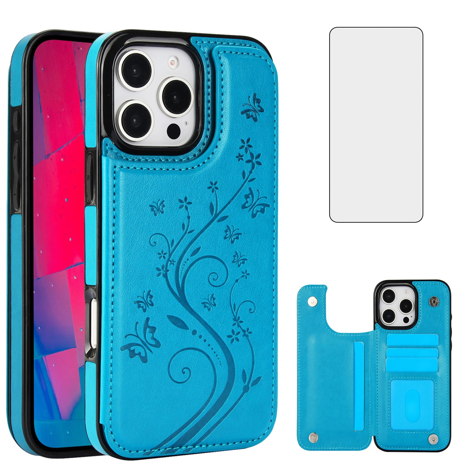 AsuwishPhone Case Compatible with iPhone 16 Pro Max 6.9 inch with Tempered Glass Screen Protector Card Holder Wallet Cover Stand Flip Leather Cell i Phone16 16Pro i16 16ProMax 2024 Women Men Blue