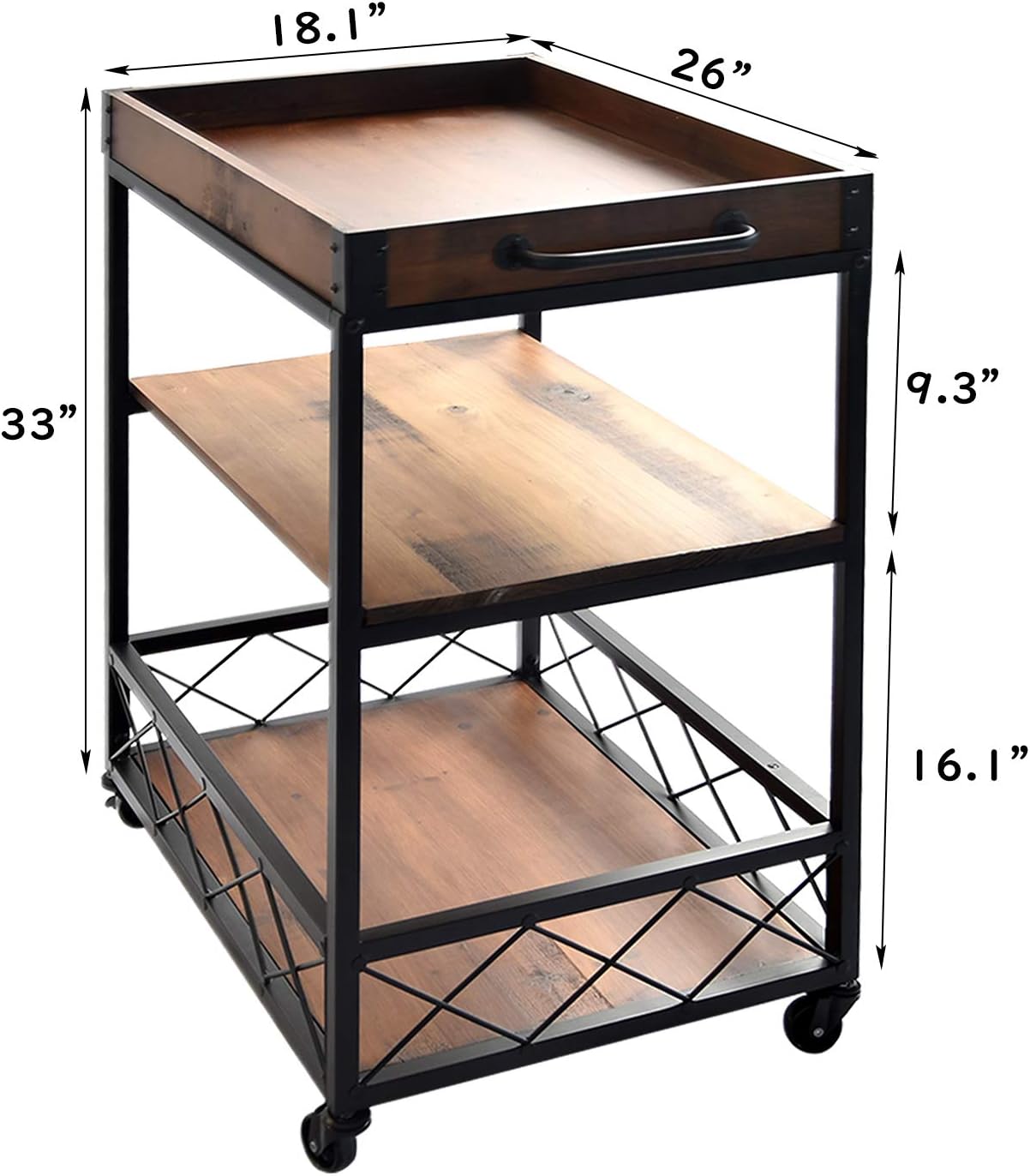 Solid Wood Kitchen Serving Carts Rolling Bar Cart with 3 Tier Storage Shelves Kitchen Island Cart with Wine Glass Holder,Handle Racks,Lockable Caster Liquor Cart Removable Top Box Container - Bar & Serving Carts