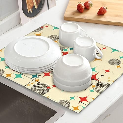 Miniatura 6 de Tapete de secado de platos retro atómico moderno de mediados de siglo para encimera de cocina, lavable, absorbente, reversible, de microfibra,
