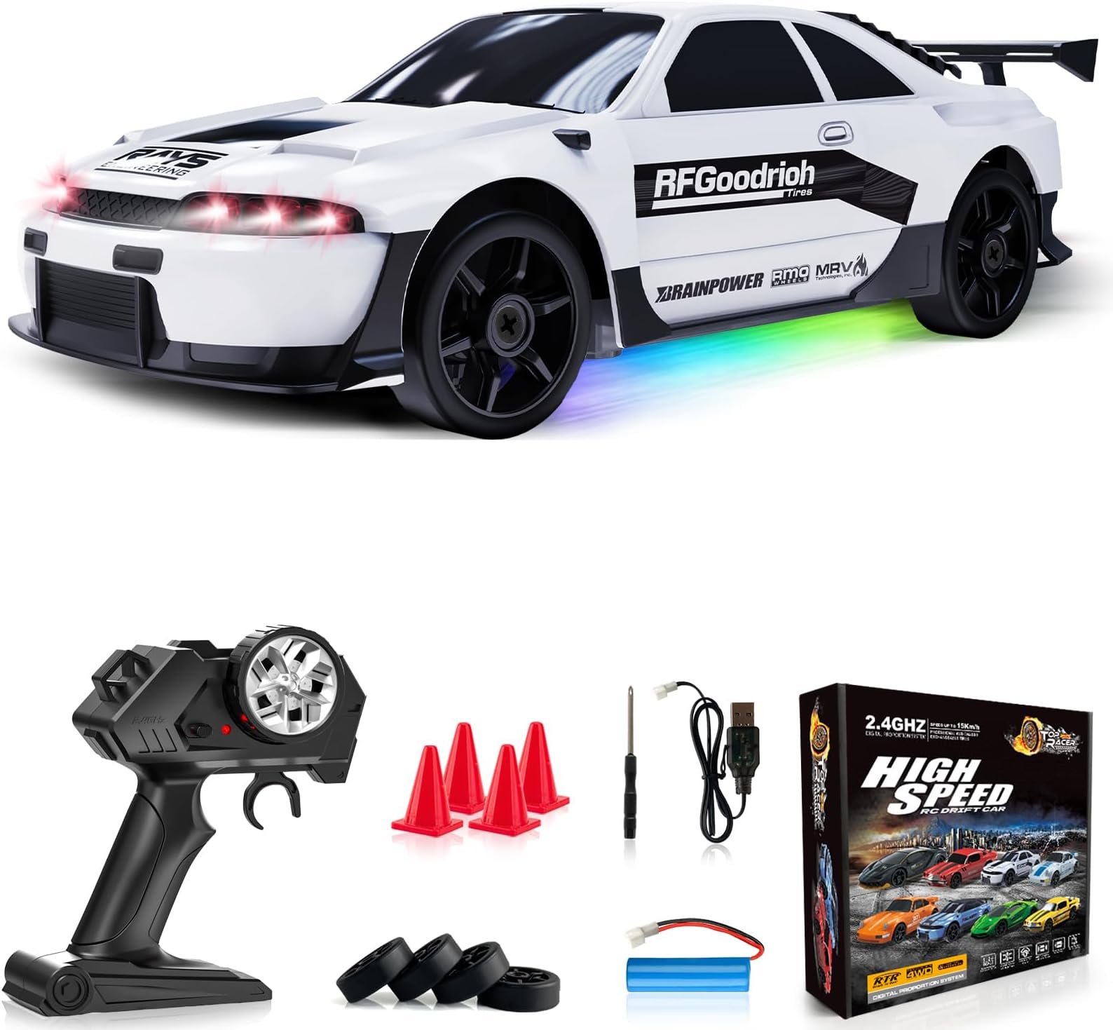 RC Drift Car 1:24 Remote Control Car 4WD 15KM/H High Speed Racing Sport Car with LED Lights RC Cars Toy for Kids Boys Girls Adults Gifts Birthday Christmas Rechargeable Batteries