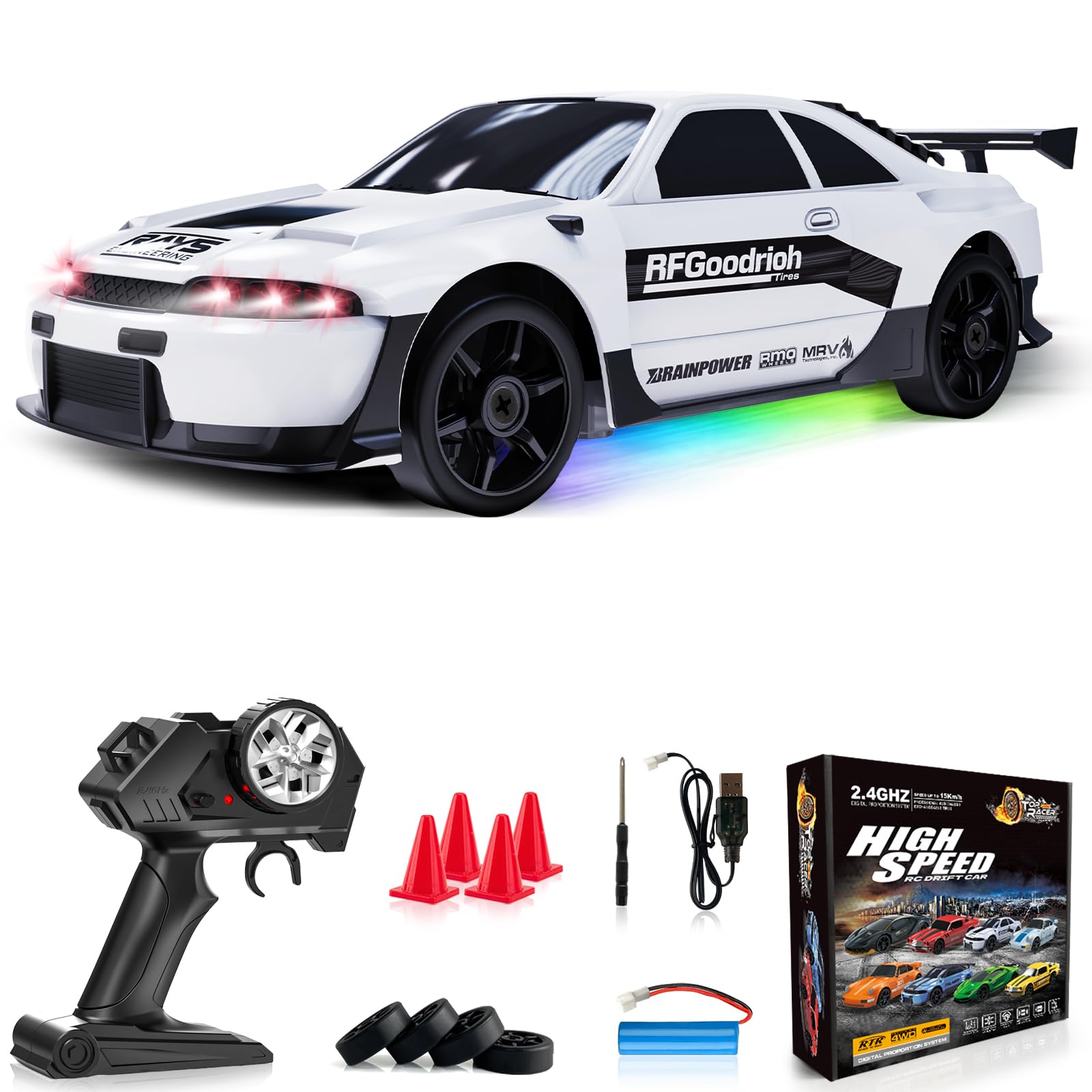 RC Drift Car 1:24 Remote Control Car 4WD 15KM/H High Speed Racing Sport Car with LED Lights RC Cars Toy for Kids Boys Girls Adults Gifts Birthday Christmas Rechargeable Batteries