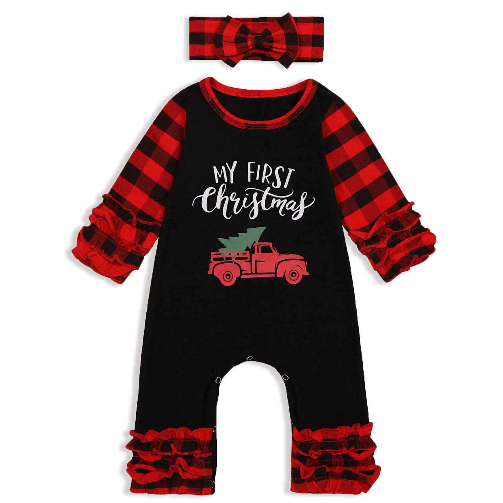 GRNSHTS Newborn Baby Girls Ruffle Romper Solid Long Sleeve Jumpsuit One-Piece Coming Home Clothes With Headband