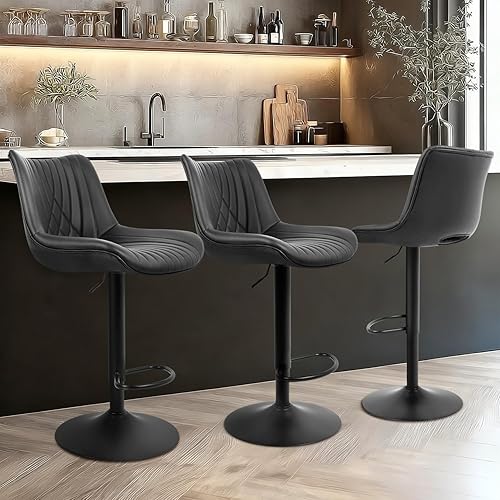 Miniatura 5 de Juego de 2 taburetes de bar, taburetes de bar ajustables con respaldo abierto y reposapiés, piel sintética de alta calidad, moderno taburete