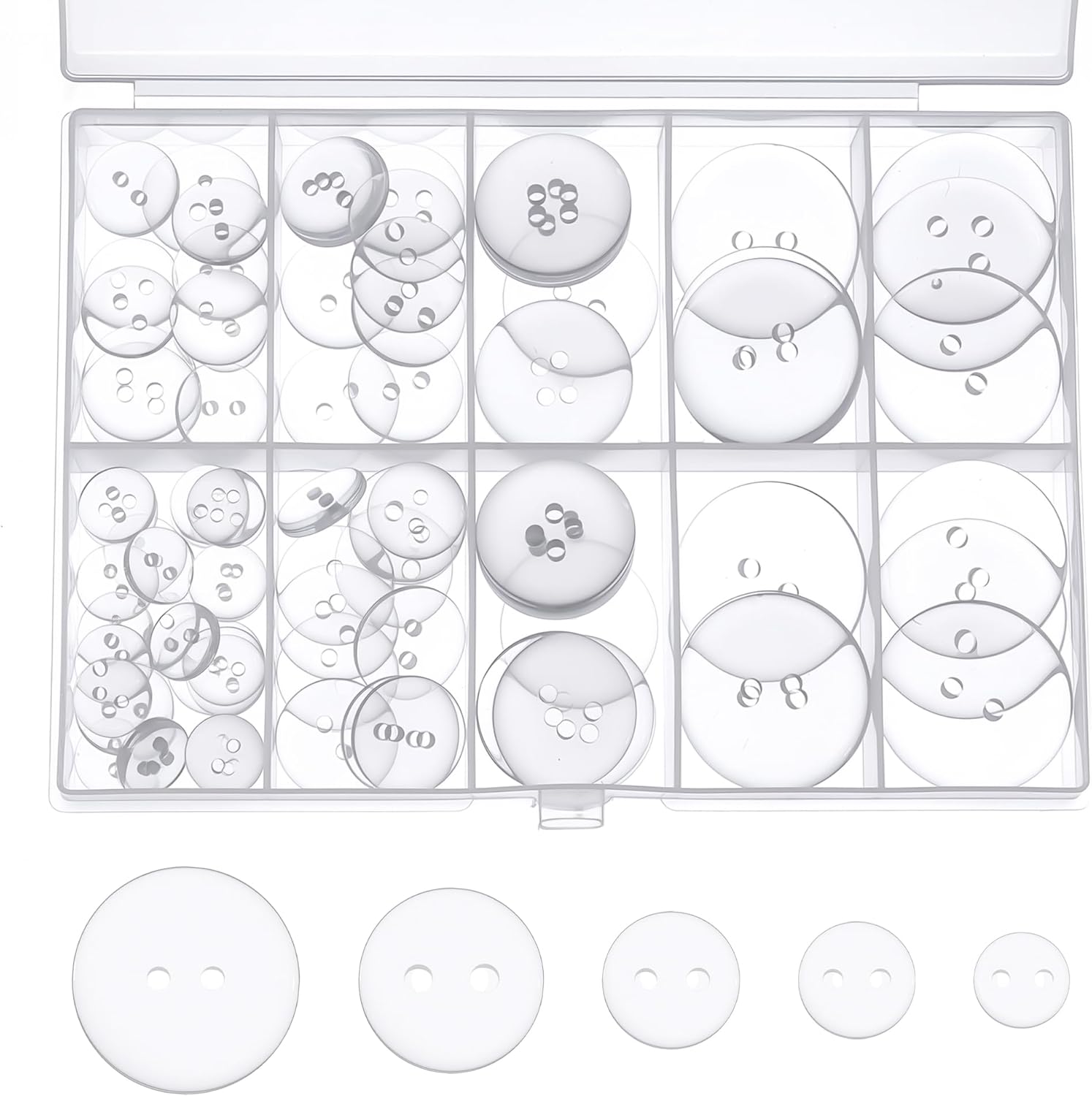 100PCS Clear Buttons, 5 Sizes of Round 2 Hole Mixed Button, Durable Round Plastic Button for Coats, Skirts, Dresses & DIY Crafts